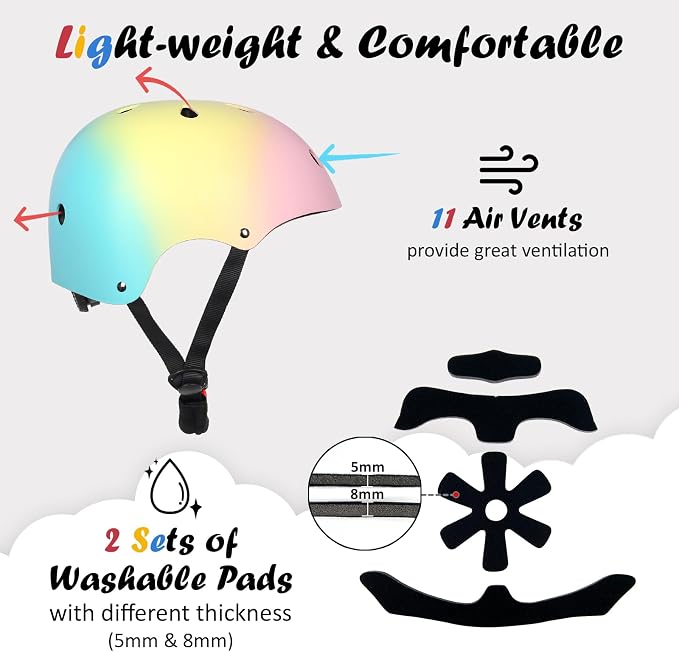 Kids Bike Helmet, Adjustable and Multi-Sport, from Toddler to Youth, 3 Sizes