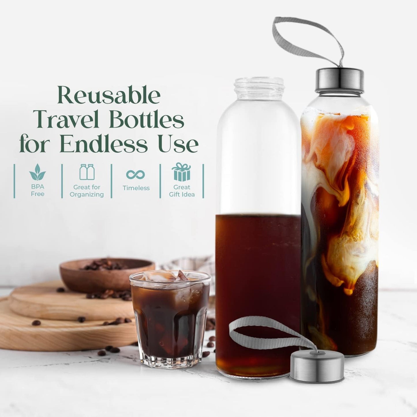 16 Ounce Glass Water Bottles, Reusable Water Bottles with Airtight, Pack of 12, Stainless Steel Lids Carrying Strap And Nylon Water Bottle Protective Sleeves for Hot Or Cold Drinks
