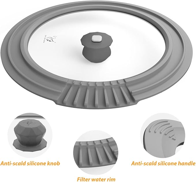 Tempered Strainer Lid for Stockpot Pasta Soup Pots - Universal Pan Lid with Heat Resistant Silicone Rim 10-12 inch Light Grey