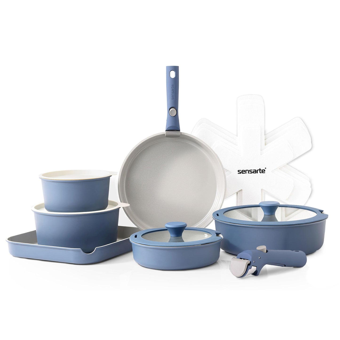 SENSARTE 17 Piece Ceramic Pots and Pans Set, Nonstick Detachable Handle Cookware, Induction Kitchen Cookware Set with Removable Handle, Dishwasher ＆ Oven Safe (Navy)