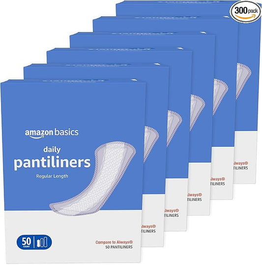 Amazon Basics Daily Pantiliner, Regular Length, Pads for Women, Unscented, 300 Count (6 Packs of 50) (Previously Solimo)