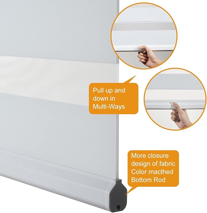 Persilux Cordless Zebra Blinds for Windows Dual Layer Roller Blinds (54" W x 64" H, White) Free-Stop Roller Blinds, Light Control for Day and Night, Light Filtering Sheer Roller Shades for Home