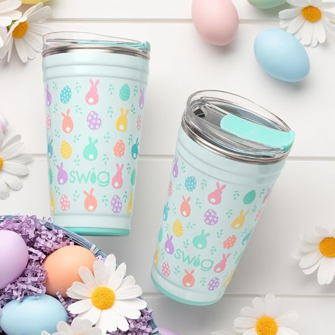 Swig Life 24oz Party Cup, Stackable Insulated Travel Coffee Tumbler with EZ Slider Lid, Cup Holder Friendly, Stainless Steel 24 oz Tumbler, Reusable Coffee Mug (Egg Hunt)