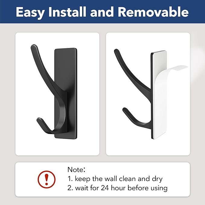 pickpiff Matt Black Self Adhesive Coat Hooks for Hanging: 13LB Extra Strong Stainless Wall Hook for Towel, Utensil, Backpack, Hat, Sturdy Metal Hanger for Bathroom, Kitchen, Door, 6-Pack