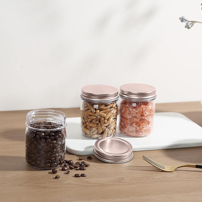novelinks 8 oz Clear Plastic Jars with Airtight Lids, 8 Pack Plastic Mason Jars with Lids 8oz, Refillable Storage Slime Containers & Small Spice Jar for Kitchen Organization (8 Pack,Rose Gold)