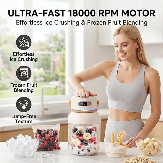 Portable Electric Juicer Cup with Zero Cord Hassle, USB-C Rechargeable Electric Blender with 18000 RPM Motor, Portable Wireless Juicer Cup for Home, Gym, Office and Outdoor (800ml 1pc)