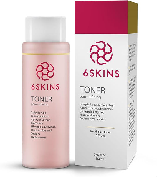 6SKINS® Pore Refining Toner for Face with Salicylic Acid (BHA) & Glycolic Acid (AHA) - Hydrating Korean Skin Care Face Toner for Women - Pore Minimizer for Face, Brightens & Moisturizes Skin - 150 ml