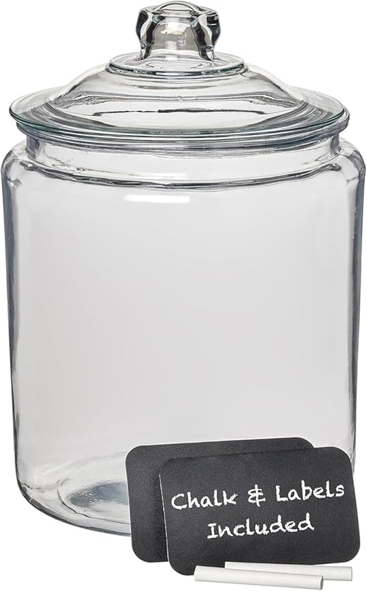 Anchor Hocking Heritage Hill Glass Jar with Lid, 2 Gallon Capacity, with 2 Chalkboard Labels and Chalk