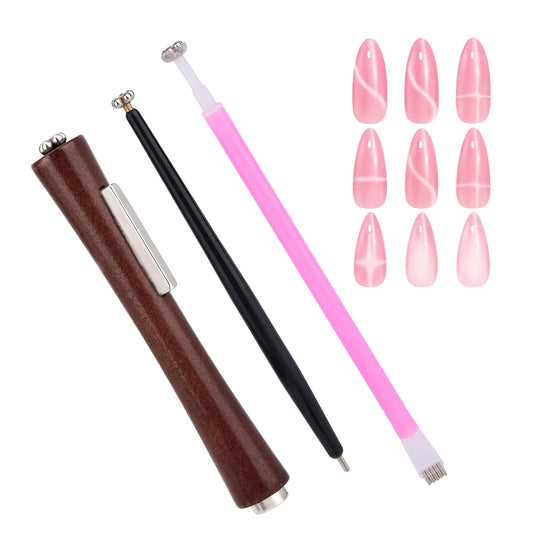 3pcs Cat Eye Nail Magnet Tool Set, 3-in-1 Wooden Handle Cat Eye Gel Nail Polish Magnet Stick with 2 Magnetic Pens Practical Manicure Tool Set for Home Salon Studio Use