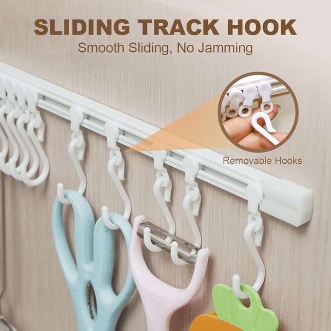 Multifunctional Slide Rail Hook,Kitchen Utensil Hanging Rack Wall Mounted Hanger,Space Saving Utensil Holder with 10 Hooks ,Sliding Track Hook No Drilling Hanger for Home Office (Length 40cm/2pcs)