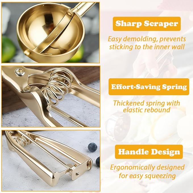 Gold Ice Cream Scoop 304 Stainless Steel Cookie Scoops for Baking Melon Baller with Trigger 3 Sizes (Gold, S/M/L)