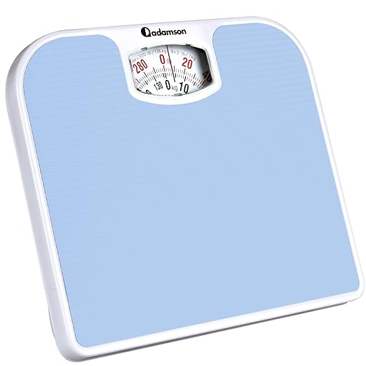 Adamson A21 Analog Scales for Body Weight - Up to 300 LB - New - Anti-Skid Rubber Surface + Large Numbers - Analog Bathroom Scale - Affordable - Durable with 20-Year Assurance - Light Blue