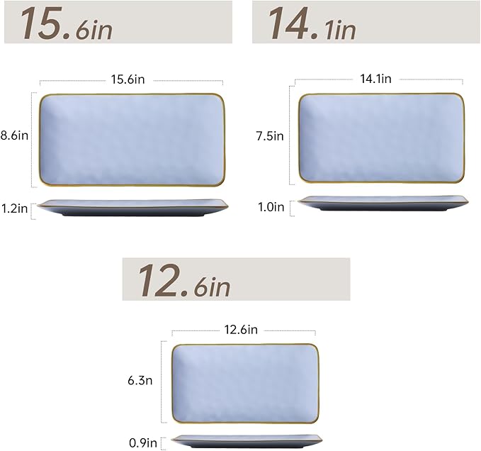 Ceramic Rectangle Serving Platter: 15.6/14.1/12.6 Inch Large Serving Dishes for Entertaining Party, Turkey, Cheese, Sushi, Snack and Dessert, Microwave Dishwasher Safe, Blue