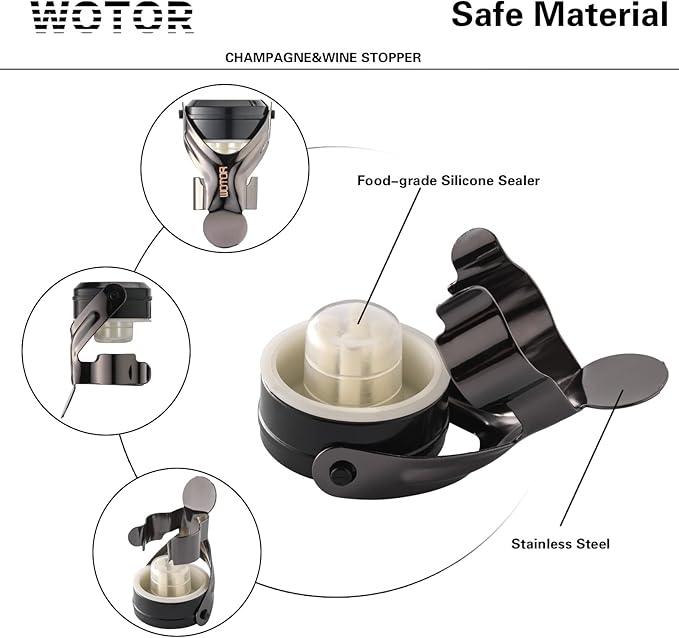WOTOR Champagne&Wine Bottle Stoppers Stainless Steel with Food Grade Silicone, Leak Proof Keep Fresh Reusable Saver, Cork Suitable for Wine, Champagne, Cava, Prosecco and Sparkling (4 Pack Black）