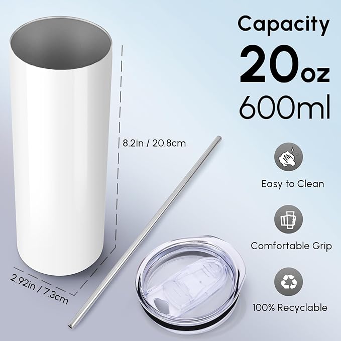 Volhoply 4 Pack Skinny Sublimation Tumblers with Lid and Straw, 20oz Stainless Steel Straight Tumbler Bulk, Vacuum Insulated Coffee Mug for Home, Office, Travel, DIY (Sublimation,4 Pack)