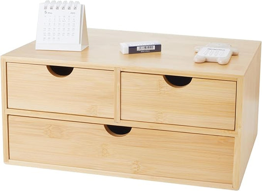 Charmewooden Bamboo Desk Organizer with 3 Drawers, Countertop Organizer with Drawers Makeup Storage Drawer 3 Drawers Tabletop Storage Organization Box Home Office Workspace