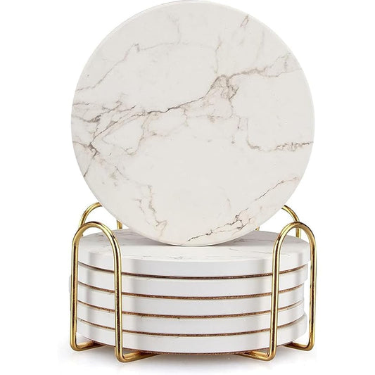 6 Pack White Marble Coaster Set with Holder Absorbent Drink Coasters Ceramic Cute Coaster Bar Dining Coffee Table Accessories Decor Gift Funny Cup Stone Modern Costers Cool Desk Beer Cork Coasters