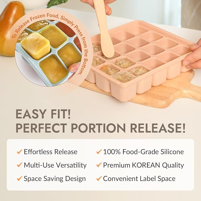 Baby Food Storage Silicone Cubes with Clip-On Lid Freezer Tray Baby Food Soups Purees Ice Safe Design Made in Korea(12cubes 1.5oz, Ocean Blue Set of 2)