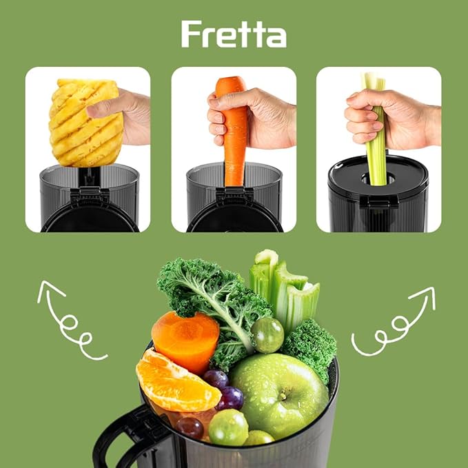 Juicer Machines,Fretta Cold Press Juicer with Large Feed Chute,Fit Whole Fruits & Vegetables,High Juice Yield,BPA-Free,PCTG Material from US (Polished Silver, 1.0 L)
