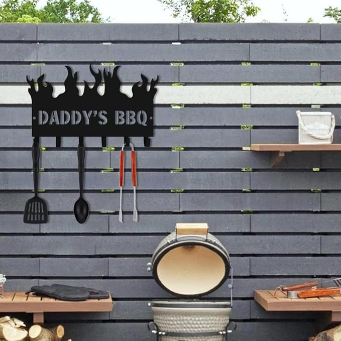 Personalized BBQ Cooking Utensils Wall Hooks Rack for Dad Custom Grilling Tool Organizer Barbecue Tool Metal Storage Holders Grill Cutlery Hanger Father's Day Utensils Hanging Hooks (Style 1)