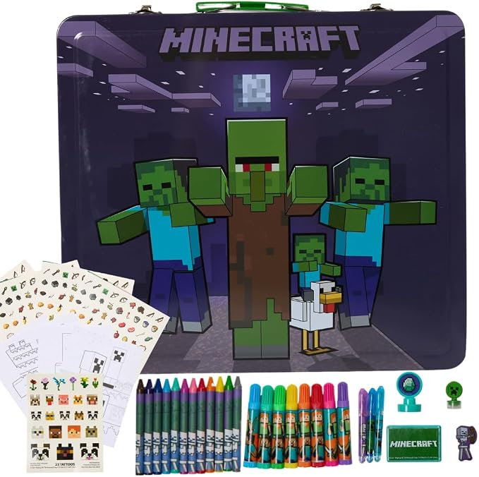Innovative Designs Minecraft Kids Deluxe Activity Set with Carrying Tin, Coloring Sheets, Tattoos, Stickers, & Art Supplies