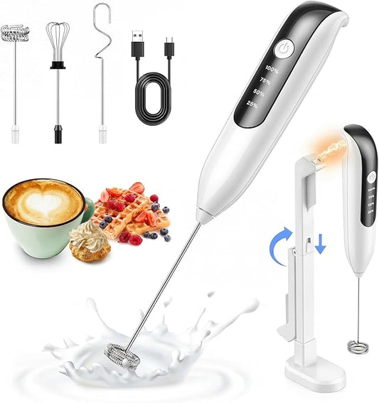 Dynooper 3 in 1 - Electric Whisk Milk Foamer, Electric Whisk Foam Maker for Coffee, Lattes, Cappuccino, Matcha, Hot Chocolate & Creamer - Ceramic White