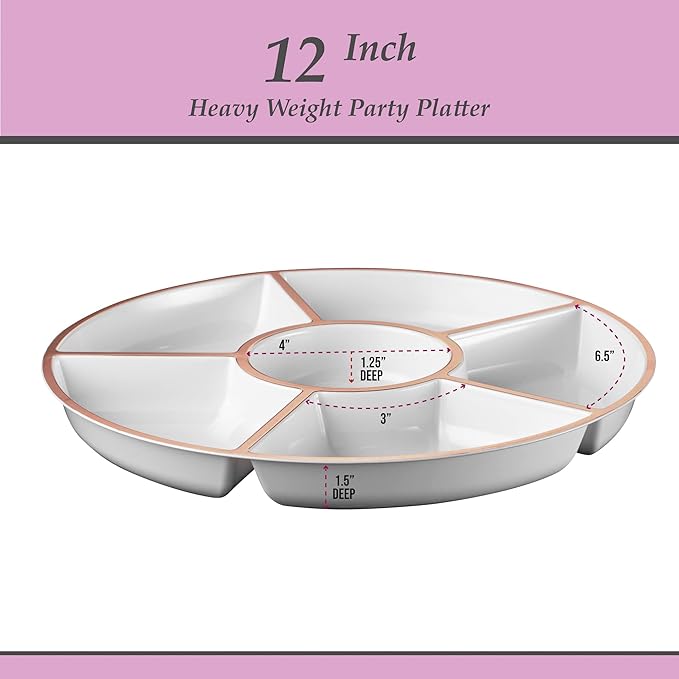Plasticpro 6 Sectional Round Plastic Serving Tray/Platter (8, White & Rose Gold)