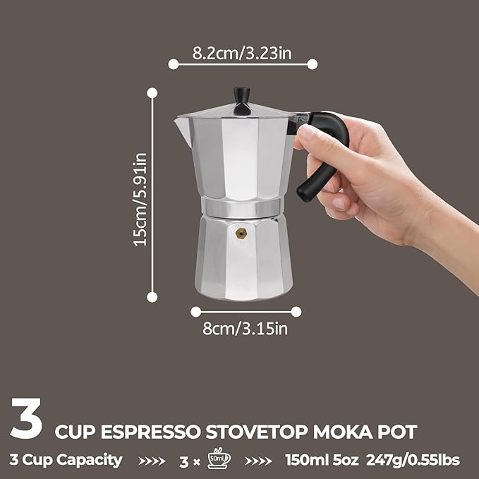 Aluminum 3 Cup 150ml Moka Pot Express Coffee Maker Stovetop Espresso Percolator Coffeemaker Italian Classic Style Brewing Greca Cafe Mocha Machine for Cafeteras Lover Camping Travel and Home Use 5oz