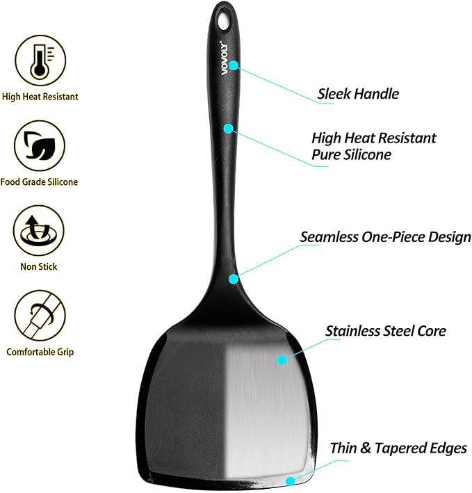 Large Size Silicone Spatula Set, 600°F Heat Resistant Silicone Spatula Turner Flipper for Cooking, Non Stick and Non Scratch Kitchen Utensils for Eggs & Pancakes, 2-Pack, Black