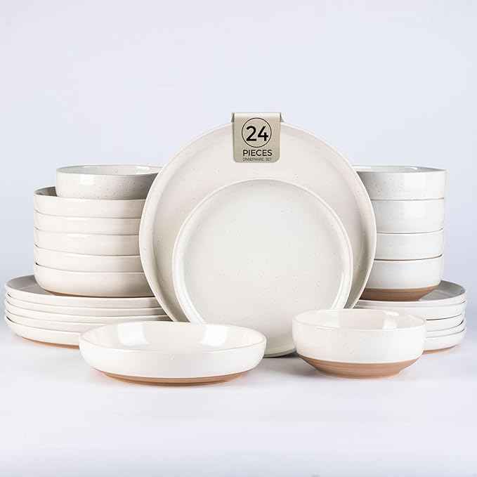 AmorArc Ceramic Dinnerware Sets with Pasta Bowls for 6, Handpainted Plates and Bowls Set with Rustic Terracotta Underside, Scratch Resistant Dishes Set, Dishwasher & Microwave Safe, 24 Pcs