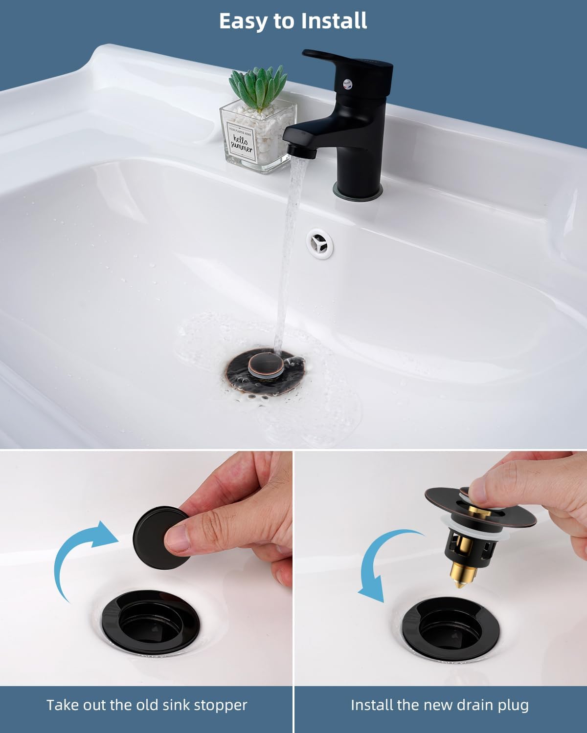 Hibbent 2 Pack All Metal Universal Bathroom Sink Stopper for 1.1''~2.3'' Basin, Pop Up Sink Drain Strainer, Brass Core Push Type Stopper, Stainless Steel Anti Clogging Drain Filter, Oil-Rubbed Bronze