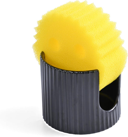 Ceramic Sponge Caddy for Kitchen Sink - Black Dish Sponge Holder, Scouring Pads Drying Rack for Countertop