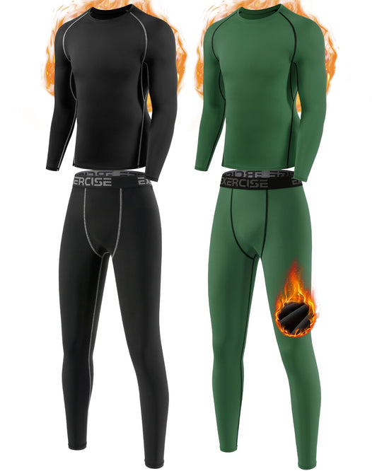 ATTIQOZI Youth Boys Thermal Underwear Set Compression Fleece Lined Leggings with Athletic Shirts Base Layer Football Undershirt 1,2 Pack Black/Deep Green L