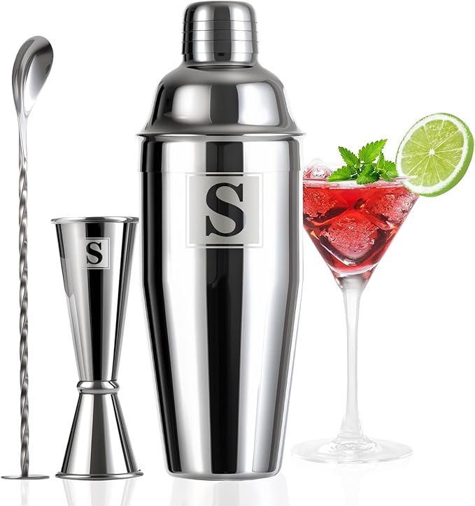 24oz Cocktail Shaker Set with 1 oz 2oz Jigger - Monogramm Initials Martini Shaker Set - 304 Stainless Steel Bar Shaker for Margarita,Mojito-Personalized Gift for Friend,Husband-S