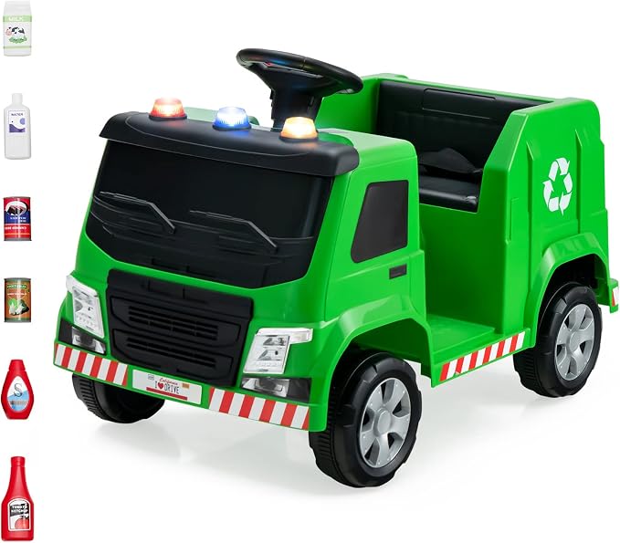 Costzon Ride on Car, 12V Battery Powered Recycling Garbage Truck w/Remote Control, Warning Lights, Music, Horn, 6 Recycling Accessories, Ride on Truck Toy for Kids 3-8 Years Old (Green)