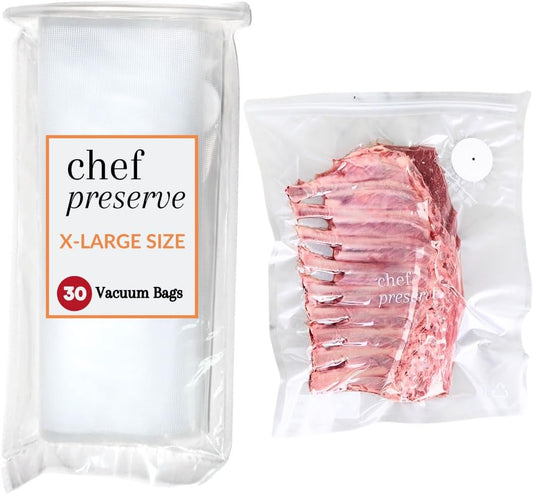 Chef Preserve Reusable Vacuum Sealer Bags for Food – 30 BPA-Free XL Large (12 x 20 in) Food Storage Bags, Freezer, Microwave – Odor-Resistant, Leak-Proof – Compatible with Chef Preserve Vacuum Sealers