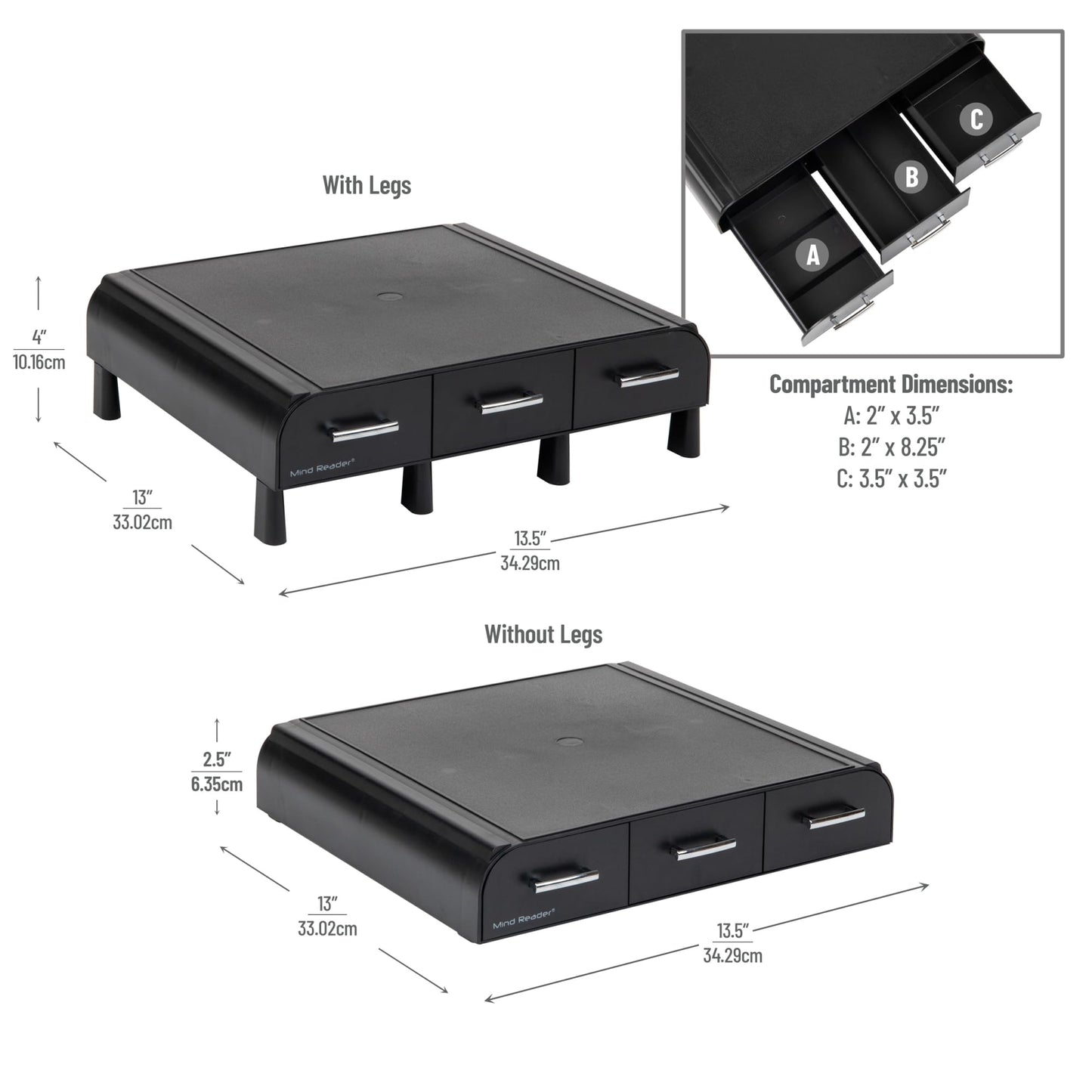 Mind Reader Monitor Stand, Laptop Riser, Desktop Organizer, Storage Drawer, Office, Plastic, 13.5"L x 13"W x 4"H, Black
