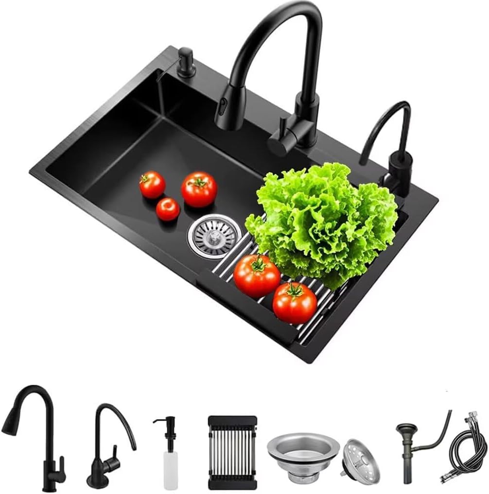 Black Drop in Kitchen Sink, Stainless Steel Single Bowl Sink with 3 Holes, Topmount Workstation Sink, Farmhouse Rectangle Basin with Multiple Accessories (31.5 * 17.7 * 7.9in)