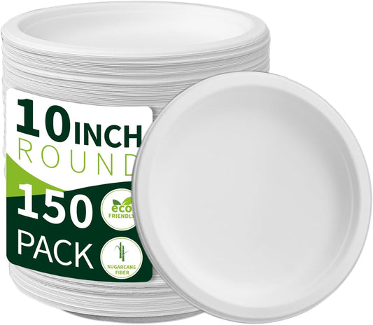 10 Inch Compostable Paper Plates【White 150 Pack】, 100% Sugarcane Bagasse Large Disposable Plates, Sturdy Heavy Duty, Biodegradable Dinnerware for Party, BBQ, Picnic, Catering