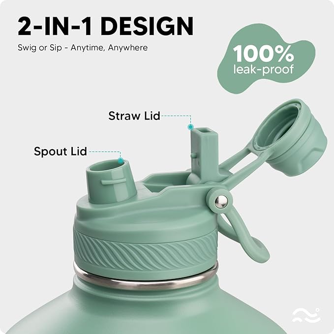 Swigina [2-IN-1 LID] Gallon Insulated Water Bottle with Silicone Boot (48hrs Cold/24hrs Hot) - DIY Stickers, Leakproof, BPA Free, 128 oz