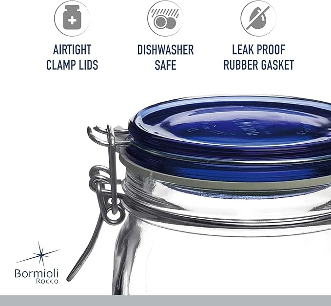 Bormioli Rocco Fido Glass Storage Jar, Blue Lid Airtight Pantry Canister - 50.75 oz Clamp Lock Container for Pasta, Rice, Coffee & Dry Goods - Italian Glass, Dishwasher & Microwave Safe