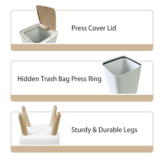 Small Trash Can with Lid Wooden table top blurred summer blue sea sky space for your display Wastebasket with Press Cover Dog Proof Garbage Can Waste Bin for Kitchen Bathroom Nursery 2.6 Gallon