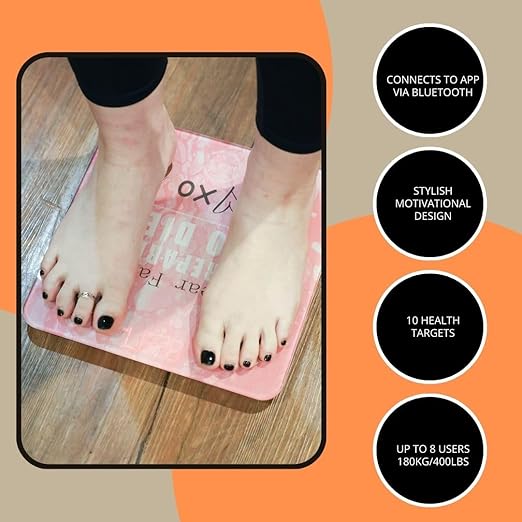 Smart Digital Scale - Motivational Modern Design, Weight Scale, Body Fat Monitor, 12 Key Composition, iOS Android APP, Auto Recognition, BMI, BMR, Bluetooth Smart Bathroom Scale. (Pink)