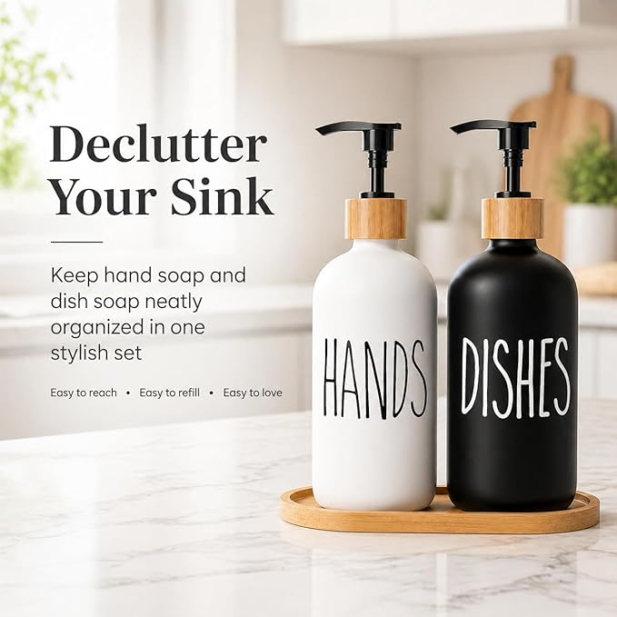 Dish Soap Dispenser for Kitchen Sink.Glass Hand Soap Dispenser, Modern Farmhouse Decorfor Bathroom,Kitchen Sink Decor