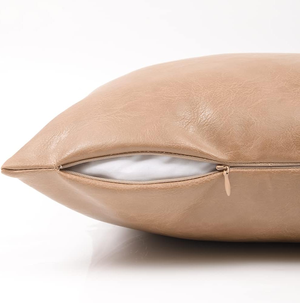 Fancy Homi Tan Long Lumbar Faux Leather Decorative Throw Pillow Covers 12x24 Inch for Living Room Couch Bed, Beige Hand Stitched Cushion Case 30x60 cm, Taupe Modern Farmhouse Home Decor