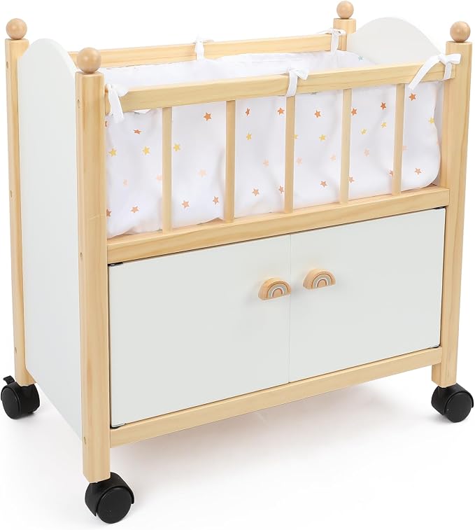 Freniland Wooden Doll Bed with Storage, Wheels & Bedding – Rolling Doll Crib with Built-in Storage for Toys, Pretend Play Doll Furniture for 18 Inch Dolls