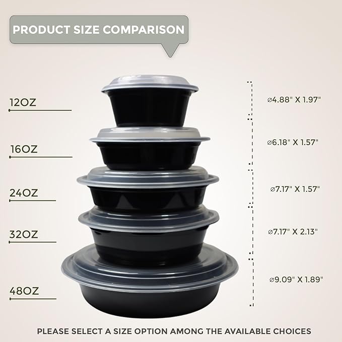 Klex 16 Oz, 50 Sets Meal Prep Containers with Airtight Lids, BPA Free, Reusable Plastic Food Container, 16 oz, Round, Black/Clear, 50 Sets