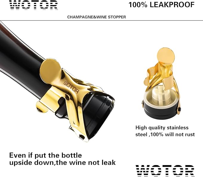 WOTOR Champagne&Wine Bottle Stoppers Stainless Steel with Food Grade Silicone, Leak Proof Keep Fresh Reusable Saver, Cork Suitable for Wine, Champagne, Cava, Prosecco and Sparkling (12 Pack Gold）