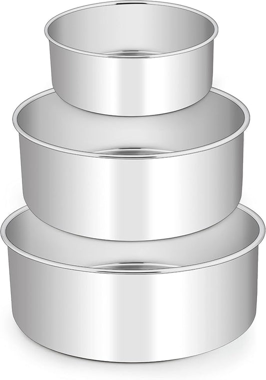 E-far Deep Cake Pan Set of 3 (6 inch/8 inch/9½ inch), Stainless Steel Round Layer Cake Baking Pans, Metal Tier Cake Tins for Wedding Birthday, Leak Proof & Straight Side, Non-toxic & Dishwasher Safe