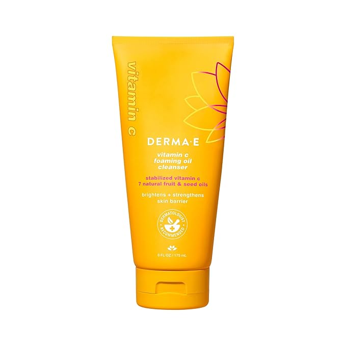 Derma E Vitamin C Foaming Oil Cleanser, 6 Fl Oz, 2-in-1 Oil-to-Foam Face Wash, Makeup Remover, Stabilized Vitamin C & Niacinamide to Help Brighten, Nourish & Strengthen Skin Barrier, Gentle Skin Care